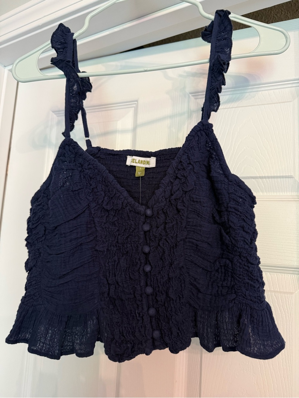 Anthropologie Celandine brand Navy Ruffled-Strap Cropped Button Cami